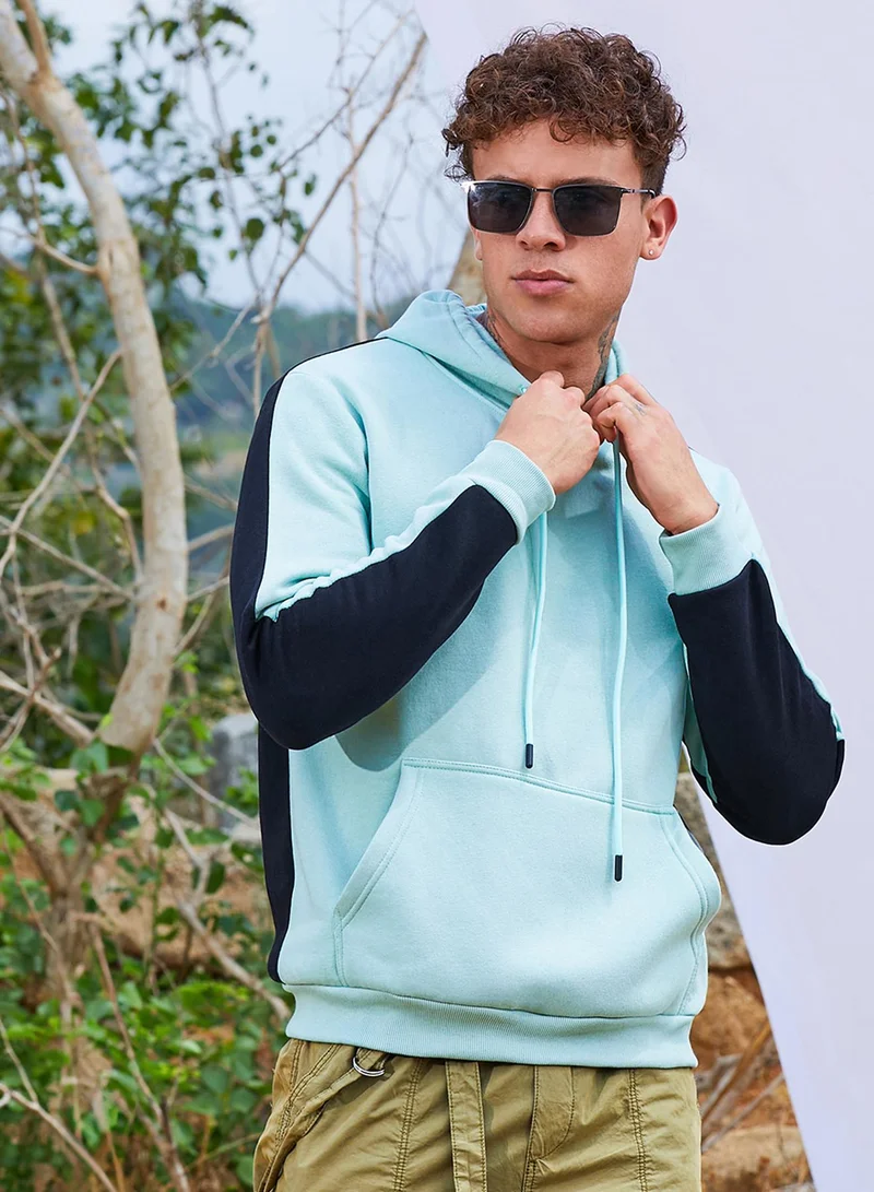 Campus Sutra Men's Sage Green Pullover Hoodie With Contrast Back For Casual Wear | Hooded Neck | Long Sleeve | Pull On Closure | Cotton Sweatshirt Crafted With Comfort Fit For Everyday Wear