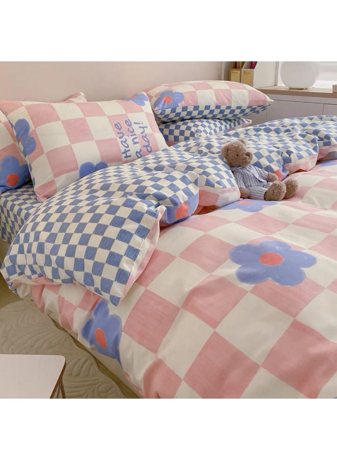 Nanjiren Four-piece Set Washed Cotton Quilt Cover Student Dormitory Bed Single Quilt Three-piece Set Bedding Quilt Cover-Color:Checkerboard Flower-Specifications:1.8 M Four-piece Set [quilt Cover 1.8x 2.2 M - Image 1