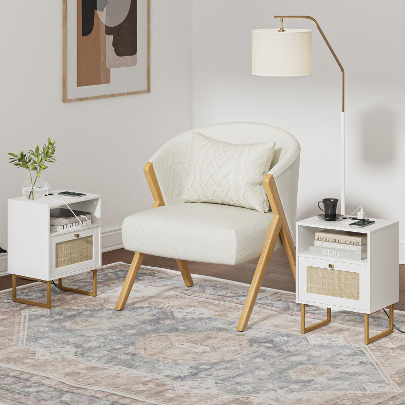 Masupu Rattan Nightstand with Charging Station,Modern Boho Farmhouse Wood Bedside Table with Storage Drawer and Open Shelf,Small Gold Frame Side End Table for Bedroom,Living Room,Office White - Image 5