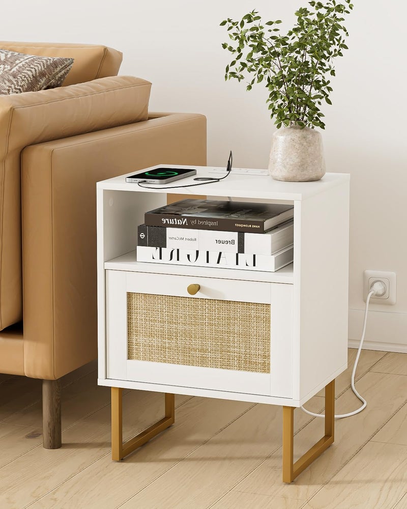 Masupu Rattan Nightstand with Charging Station,Modern Boho Farmhouse Wood Bedside Table with Storage Drawer and Open Shelf,Small Gold Frame Side End Table for Bedroom,Living Room,Office White - Image 4