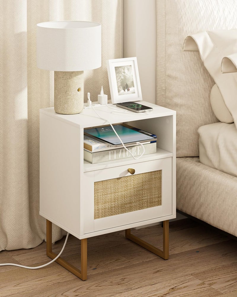 Masupu Rattan Nightstand with Charging Station,Modern Boho Farmhouse Wood Bedside Table with Storage Drawer and Open Shelf,Small Gold Frame Side End Table for Bedroom,Living Room,Office White - Image 1