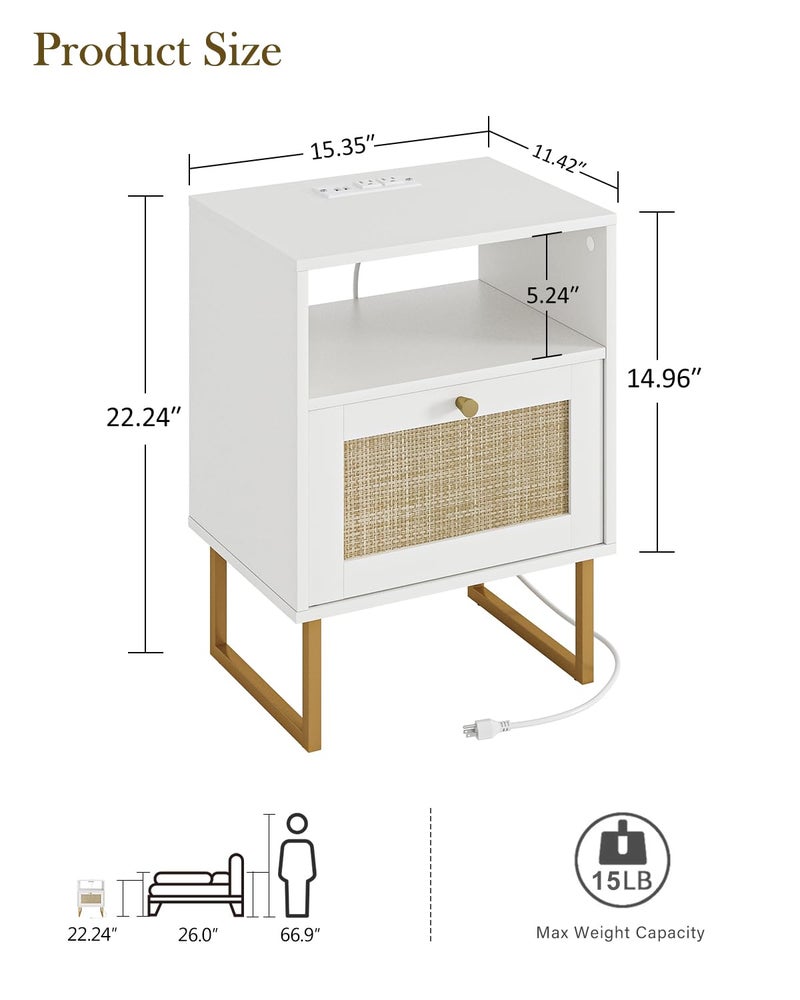 Masupu Rattan Nightstand with Charging Station,Modern Boho Farmhouse Wood Bedside Table with Storage Drawer and Open Shelf,Small Gold Frame Side End Table for Bedroom,Living Room,Office White - Image 3