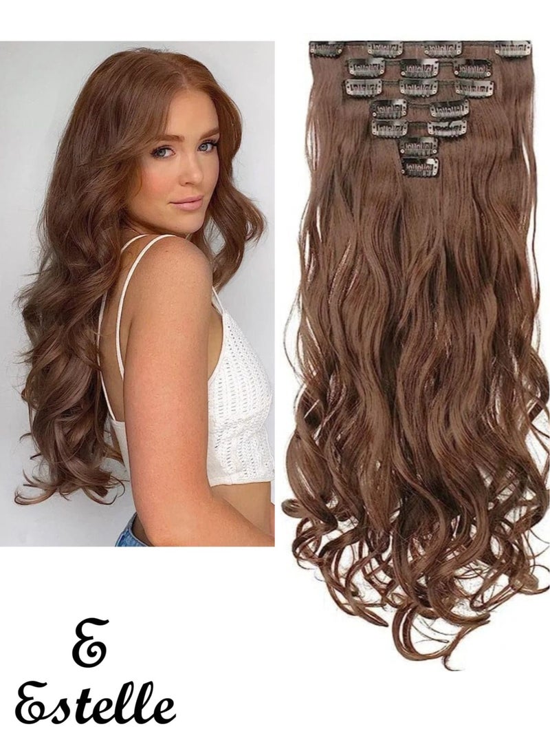 إستيل وصلات شعر بمشبك للنساء، قطع شعر من الألياف، وصلات شعر بلاستيكية سميكة مع مشابك غير مرئية للسيدات، 5 قطع بني متوسط - Image 1
