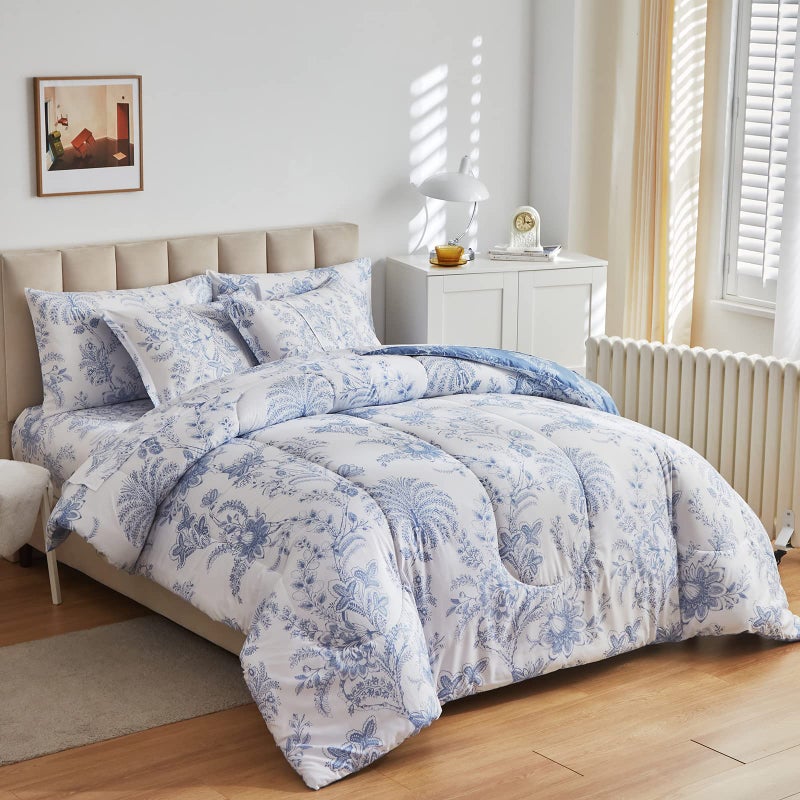 Flysheep Botanical Bed in a Bag Queen Size 7 Pieces, Reversible Blue and White Flower Printed Comforter Bedding Set (1 Comforter, 1 Flat Sheet, 1 Fitted Sheet, 2 Pillow Shams and 2 Pillowcases) - Image 2
