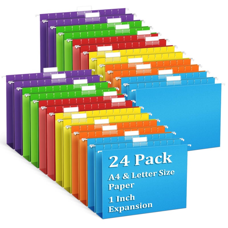 V-Opitos 24 Pack 1 Inch Expansion Hanging File Folders, Letter Size Hanging Folders with 1/5-Cut Adjustable Tab, Extra Capacity Hanging File Folders, Ideal School Classroom, Office Supplies - Image 1