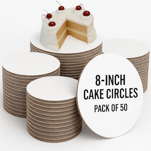 Pizety 8" Cake Circles – Pack of 50 Round White Cake Boards 8 Inch Corrugated Cardboard Cake Rounds Sturdy, Food Safe, Disposable Cake Decorating Base Trays - Image 1