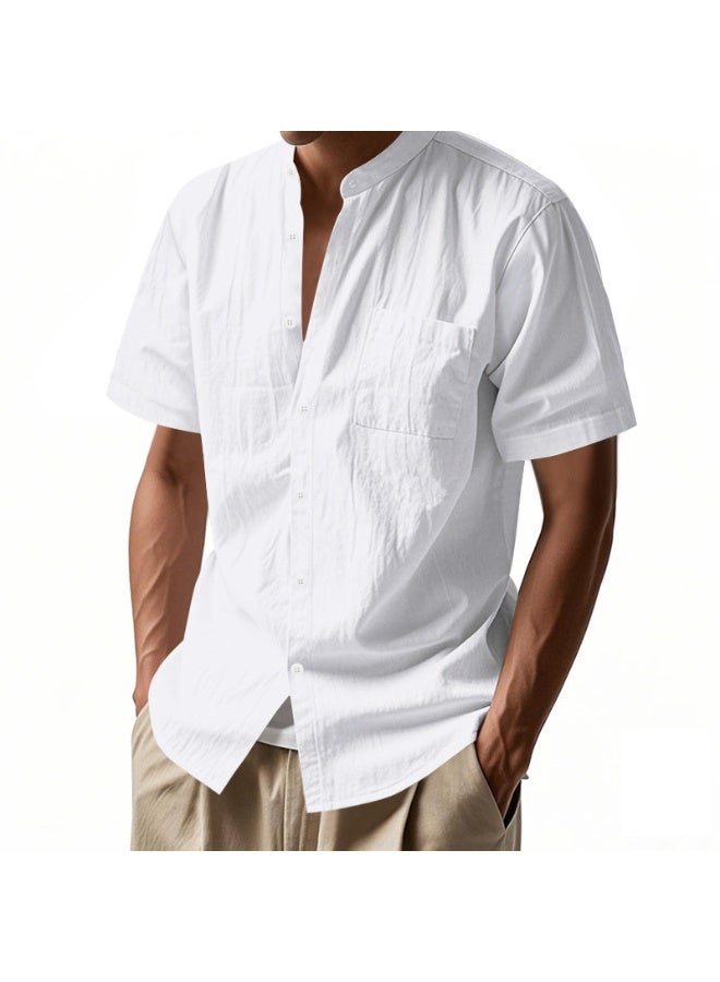 Men's Linen Short-Sleeved Shirt Summer Solid-Color Stand-Up Collar Loose-Pocket Casual Top for  - Image 2