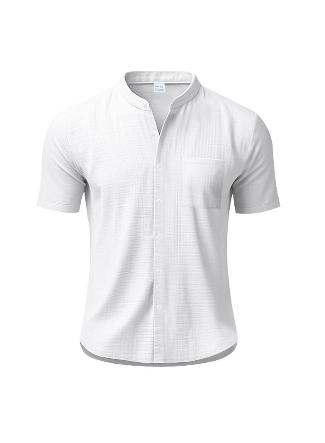 Men's Linen Short-Sleeved Shirt Summer Solid-Color Stand-Up Collar Loose-Pocket Casual Top for  - Image 1