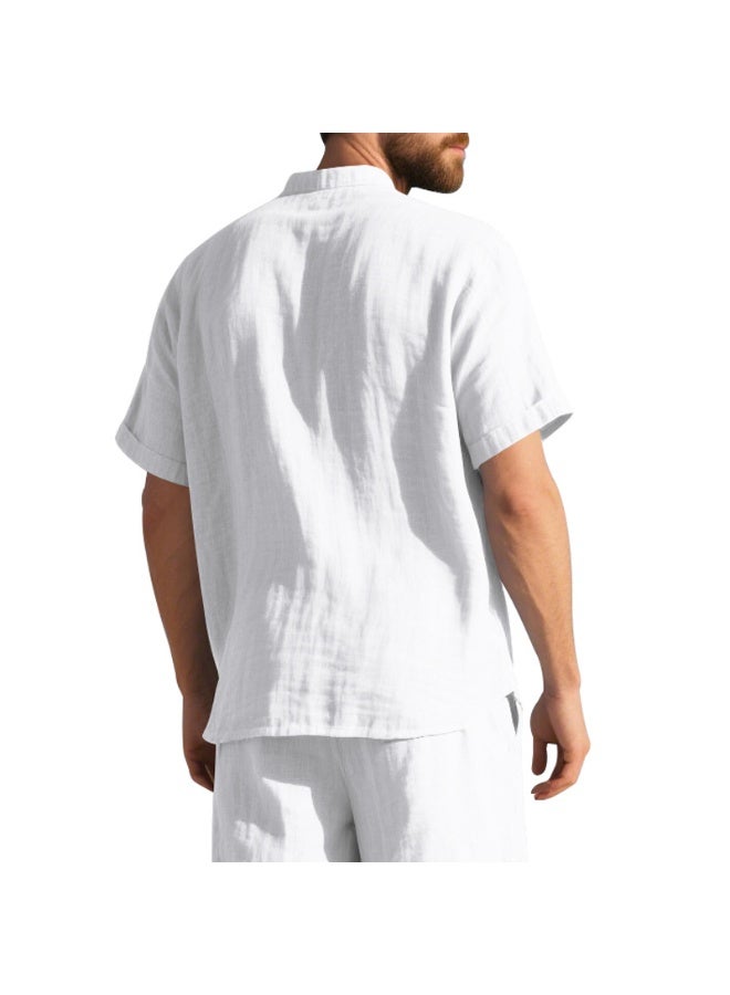 Men's Linen Short-Sleeved Shirt Summer Solid-Color Stand-Up Collar Loose-Pocket Casual Top for  - Image 3
