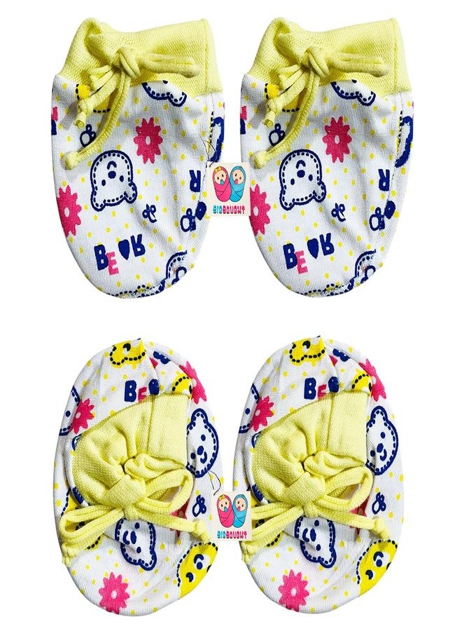 Bigbought Newborn Baby Mittens & Booties Set, Cotton Hosiery Fabric, 0-6 Months, Pack of 4 Sets, Multicolour Cartoon Print, Unisex - Image 4