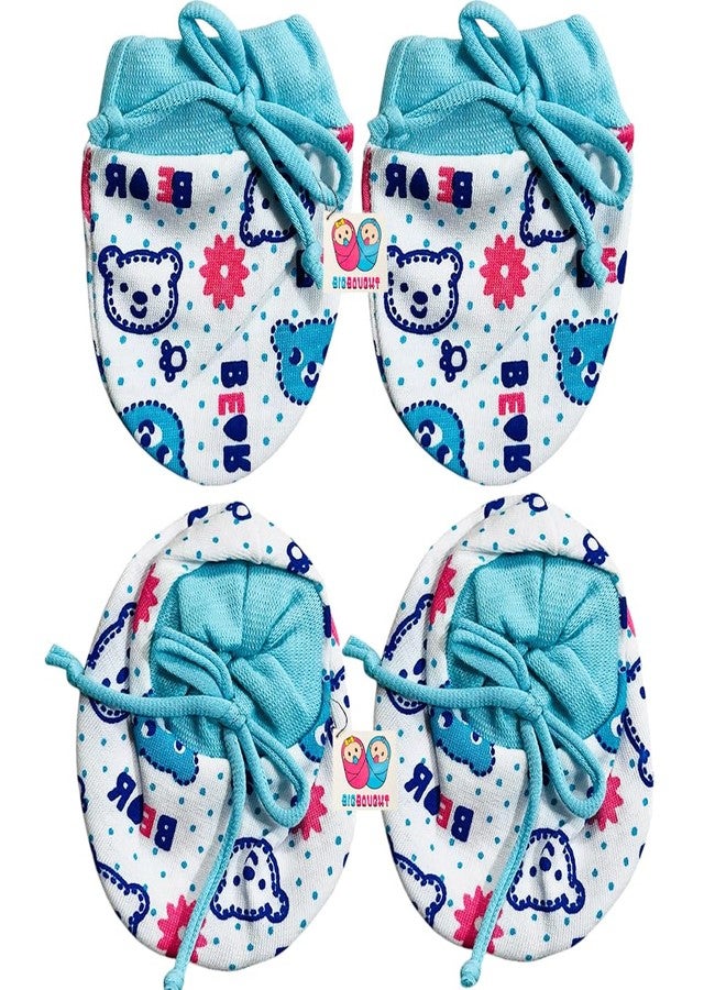 Bigbought Newborn Baby Mittens & Booties Set, Cotton Hosiery Fabric, 0-6 Months, Pack of 4 Sets, Multicolour Cartoon Print, Unisex - Image 2
