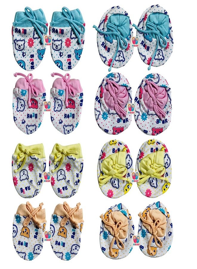 Bigbought Newborn Baby Mittens & Booties Set, Cotton Hosiery Fabric, 0-6 Months, Pack of 4 Sets, Multicolour Cartoon Print, Unisex - Image 1