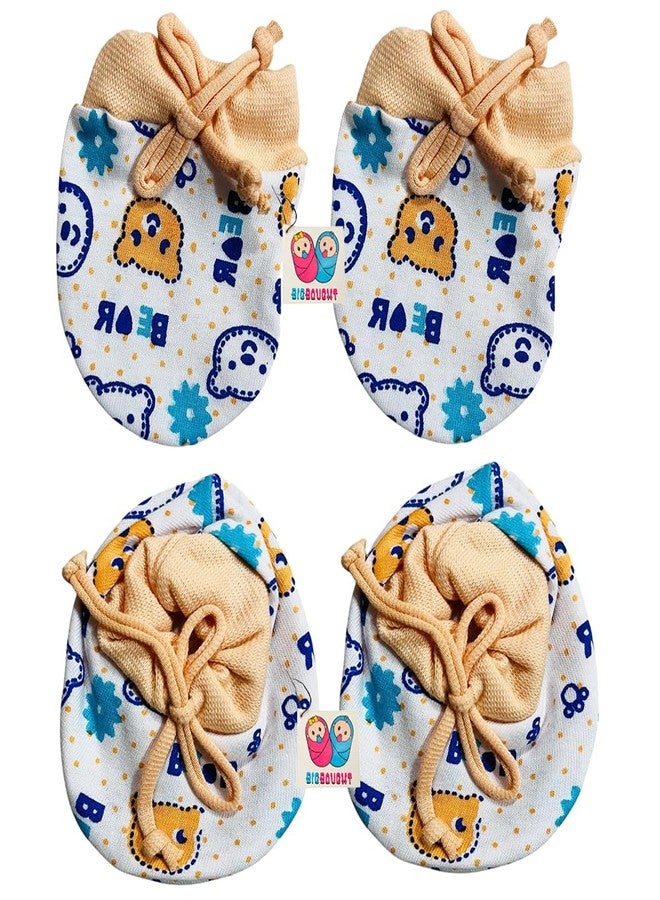 Bigbought Newborn Baby Mittens & Booties Set, Cotton Hosiery Fabric, 0-6 Months, Pack of 4 Sets, Multicolour Cartoon Print, Unisex - Image 5