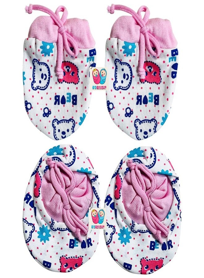 Bigbought Newborn Baby Mittens & Booties Set, Cotton Hosiery Fabric, 0-6 Months, Pack of 4 Sets, Multicolour Cartoon Print, Unisex - Image 3