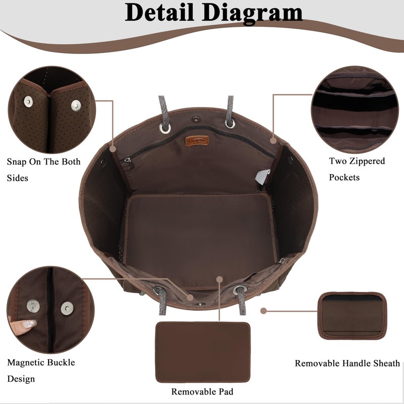 QOGiR Neoprene Multipurpose Beach Bag Tote with Inner Zipper Pocket (Brown, Large) - Image 3