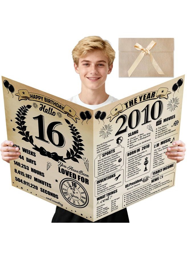 Uiorgui Large 16th Birthday Cards for Boys Girls, Vintage 2010 Happy 16th Birthday Greeting Card with Envelope Jumbo Sixteen Guest Book Hello 16 Decorations Gifts Party Supplies - Image 1