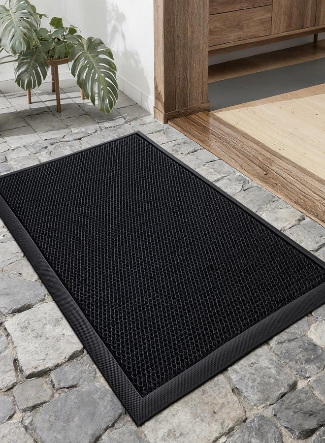 UKISS Front Door Mat Outside Entrance, Sand & Dirt Trapper Low-Profile Non-Slip Doormat Indoor Outdoor, Stain Resistant Washable Rubber Mat for Entryway,30''x17.5'', Black - Image 1