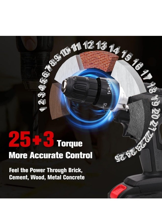 ALongDeng 48V Cordless Drill Set Power Drill Kit with 2 Pcs Battery 25 Position 2 Variable Speed 3/8'' Keyless Chuck Fast Charger and 24 Pcs Accessories with Case  - Image 3
