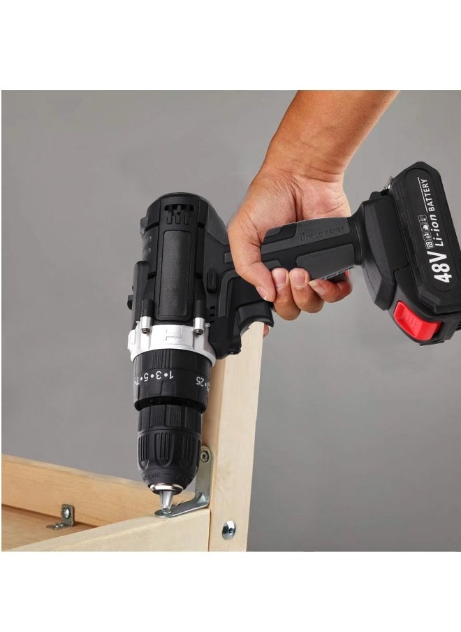 ALongDeng 48V Cordless Drill Set Power Drill Kit with 2 Pcs Battery 25 Position 2 Variable Speed 3/8'' Keyless Chuck Fast Charger and 24 Pcs Accessories with Case  - Image 5