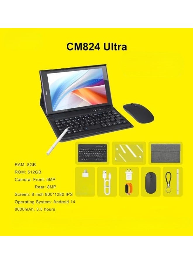 CM824 Ultra 8-inch Tablet 8GB RAM+512GB MEMORY 5g Tablet Single SIM WiFi Kids Tab Zoom Tiktok Supported Dual Camera Android 14 Slim Tablet with Keyboard and Mouse - Black.Latest version for 2025