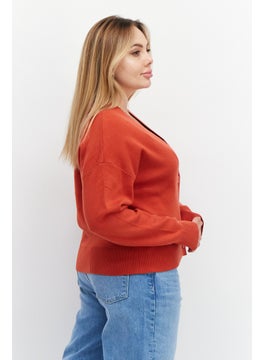 T Tahari Women V Neck Long Sleeves Textured Sweater, Orange  - Image 3