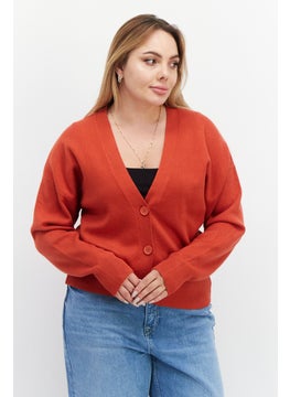 T Tahari Women V Neck Long Sleeves Textured Sweater, Orange  - Image 1