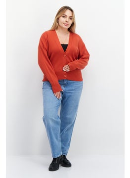 T Tahari Women V Neck Long Sleeves Textured Sweater, Orange  - Image 2