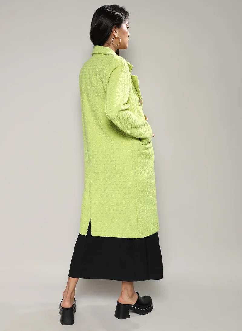 كامبوس سوترا Women's Neon Green Double- Breasted Textured Long Coat
