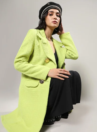 كامبوس سوترا Women's Neon Green Double- Breasted Textured Long Coat