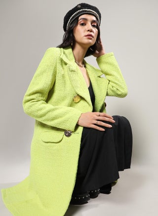 Women's Neon Green Double- Breasted Textured Long Coat - pzsku/Z5A7AF00ED57979BA75D4Z/45/_/1741611447/8f3a3f11-d080-4eeb-a941-16c7824d32a6