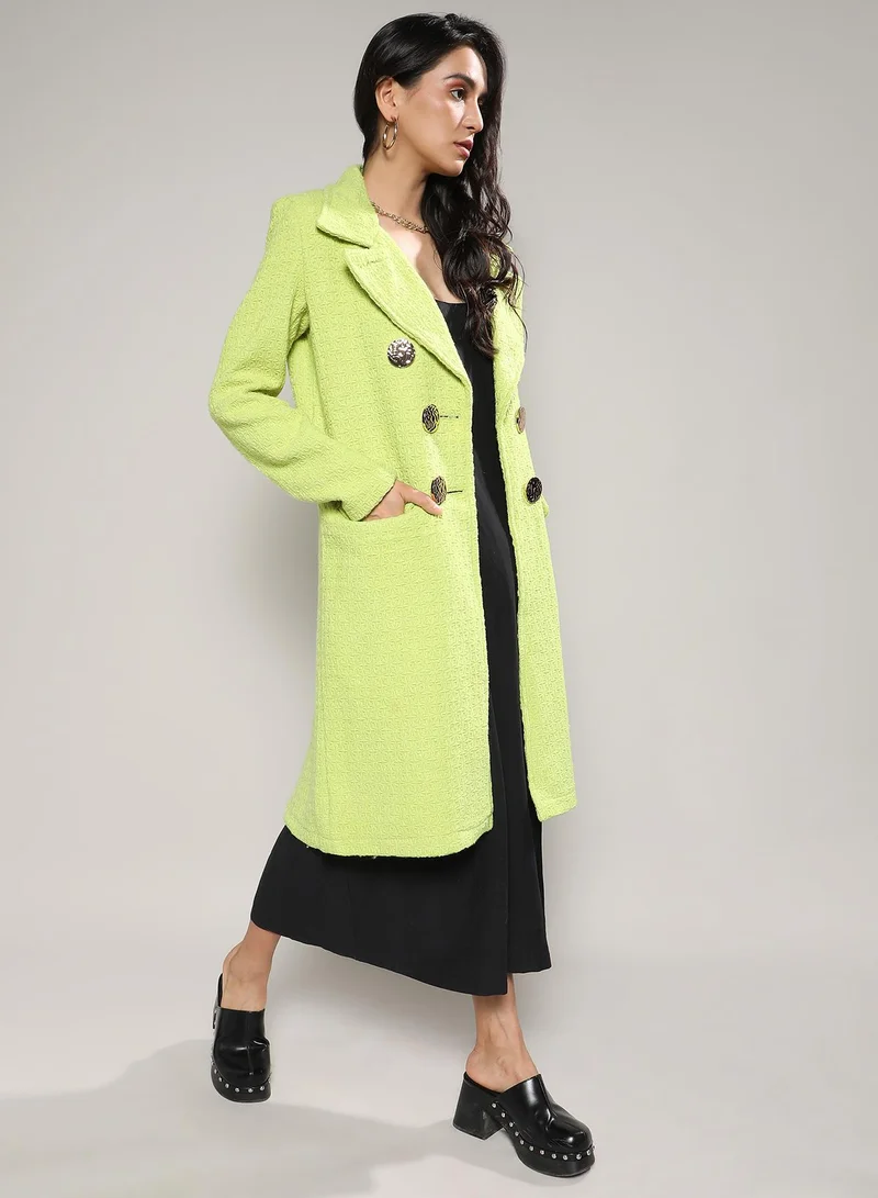 كامبوس سوترا Women's Neon Green Double- Breasted Textured Long Coat