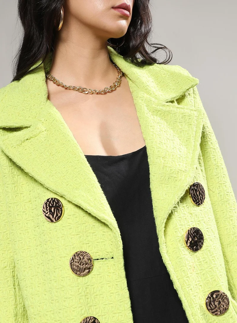 كامبوس سوترا Women's Neon Green Double- Breasted Textured Long Coat