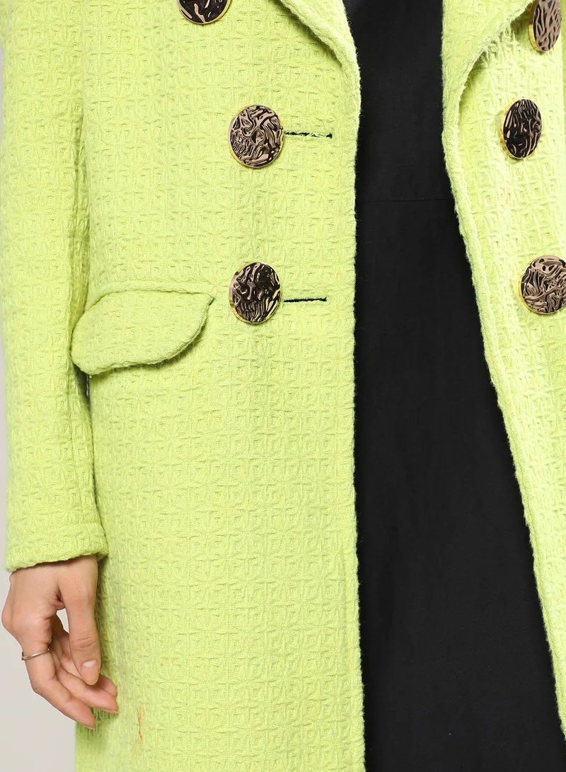 كامبوس سوترا Women's Neon Green Double- Breasted Textured Long Coat