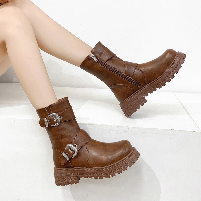 New Casual Size 28-43 Girl Motorcycle Boots Super Cool Belt Buckle Low Barrel Martin Boots - Image 3