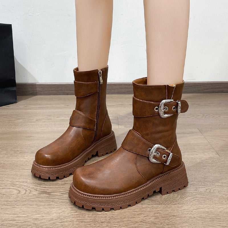 New Casual Size 28-43 Girl Motorcycle Boots Super Cool Belt Buckle Low Barrel Martin Boots - Image 2
