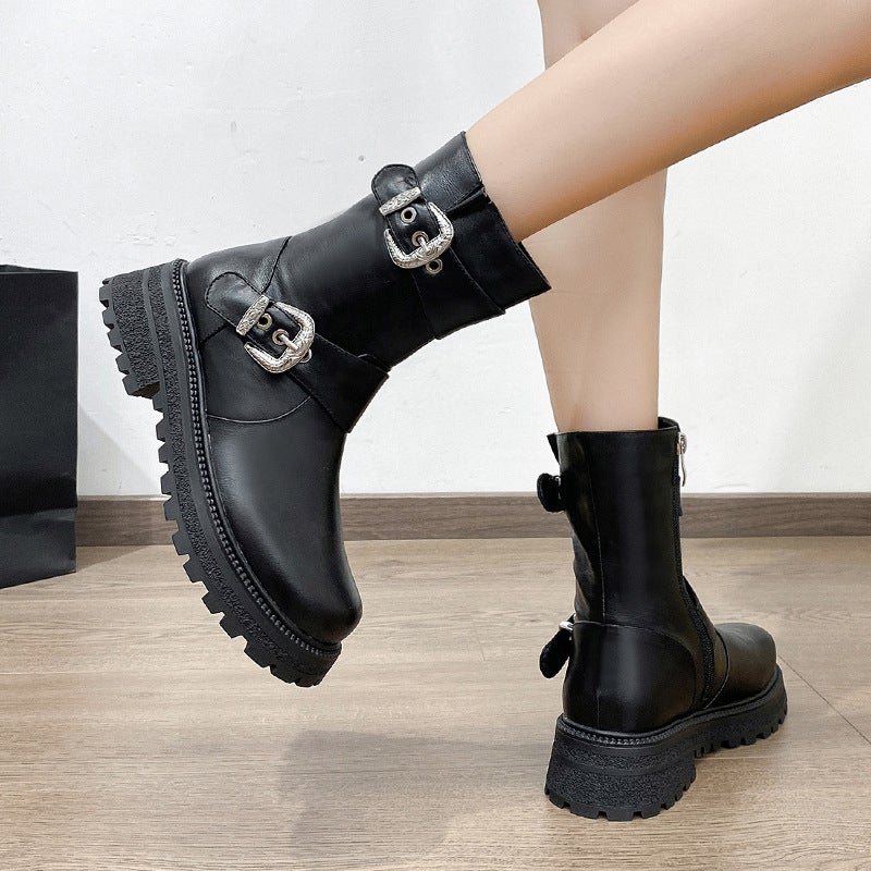 New Casual Size 28-43 Girl Motorcycle Boots Super Cool Belt Buckle Low Barrel Martin Boots - Image 5