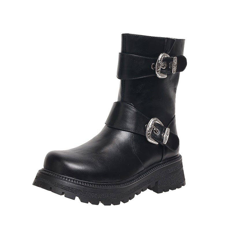 New Casual Size 28-43 Girl Motorcycle Boots Super Cool Belt Buckle Low Barrel Martin Boots - Image 1