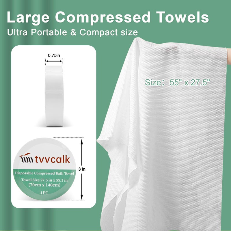Tvvcalk 10 Pcs Large Compressed Towels, 55" x 27.5" Ultra Soft 100% Cotton Disposable Bath Towels, Portable Disposable Towel Reusable Travel Towel for Hotel Camping Hiking Sports Gym Beach Swimming - Image 2