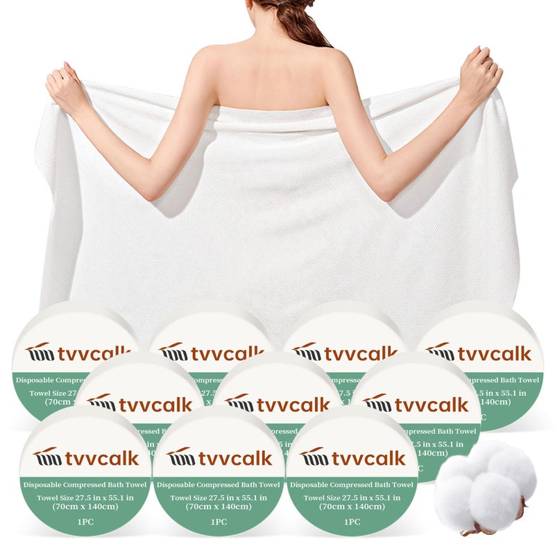 Tvvcalk 10 Pcs Large Compressed Towels, 55" x 27.5" Ultra Soft 100% Cotton Disposable Bath Towels, Portable Disposable Towel Reusable Travel Towel for Hotel Camping Hiking Sports Gym Beach Swimming - Image 1
