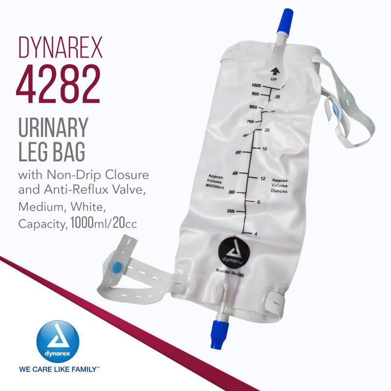 Dynarex Urinary Leg Bag, For Use with a Catheter, Has a Non-Drip Closure and Anti-Reflux Valve, Includes Easy-to-Use Straps, 1000 ml/20 oz Capacity, Medium, White, 1 Box of 12 Dynarex Urinary Leg Bags - Image 2