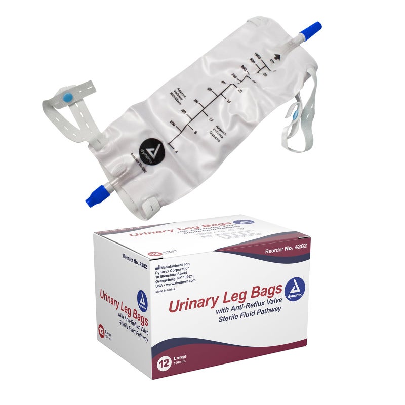 Dynarex Urinary Leg Bag, For Use with a Catheter, Has a Non-Drip Closure and Anti-Reflux Valve, Includes Easy-to-Use Straps, 1000 ml/20 oz Capacity, Medium, White, 1 Box of 12 Dynarex Urinary Leg Bags - Image 1