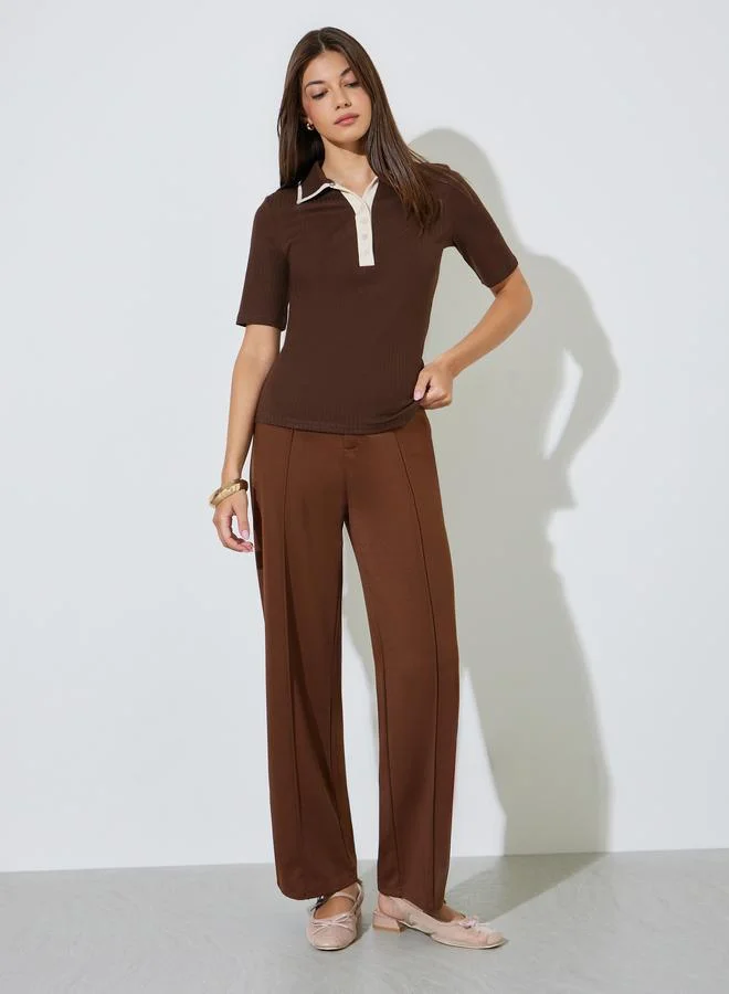 ستايلي Brown Fitted Knit Top with Short Sleeves