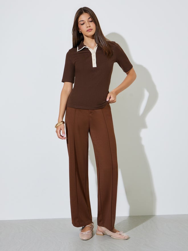 Styli Brown Fitted Knit Top with Short Sleeves - Image 2