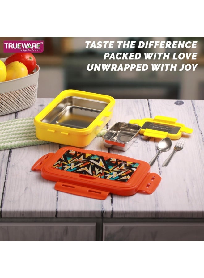 Trueware POKO Senior Steel Lee Pu Insulated Hot Lunch Box 900ML Big Container and 150 ML Veggie Container | BPA Free | Food Grade | Keep Food hot,with spoon & fork - Image 3