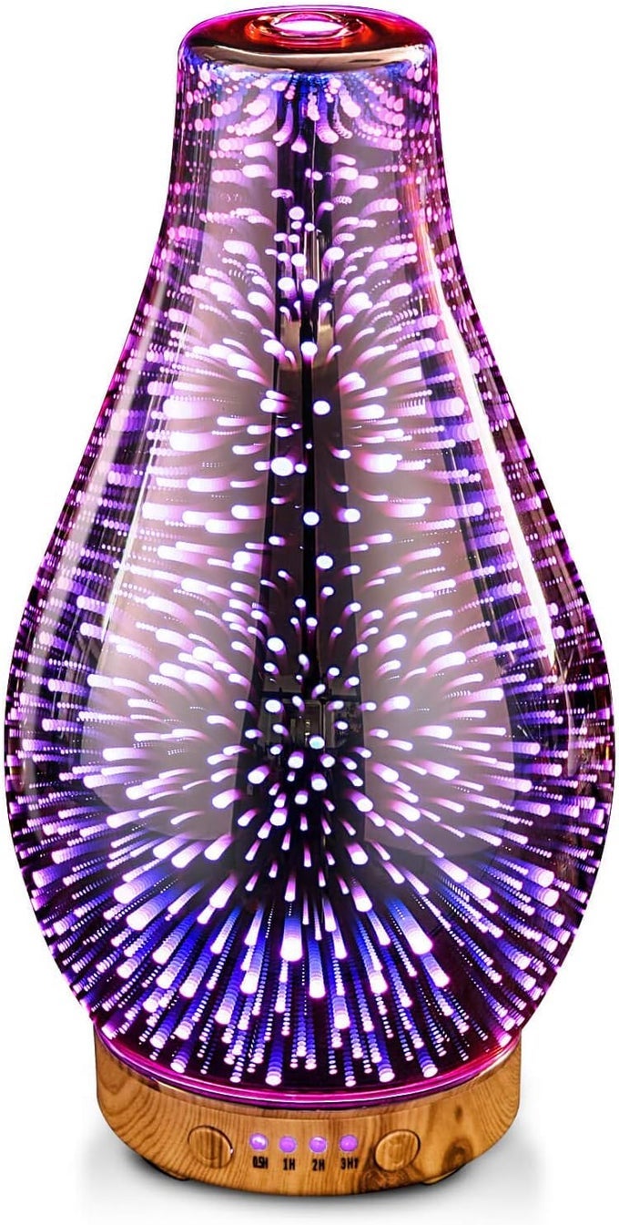ESSENTIAL OIL DIFFUSER, AROMA ULTRASONIC HUMIDIFIER WITH ROSE GOLD HANDMADE GLASS, BPA FREE, 7 COLOR CHANGING NIGHT LIGHT, WATERLESS AUTO-OFF, TIMER SETTING (ROSE GOLD VOLCANO)
