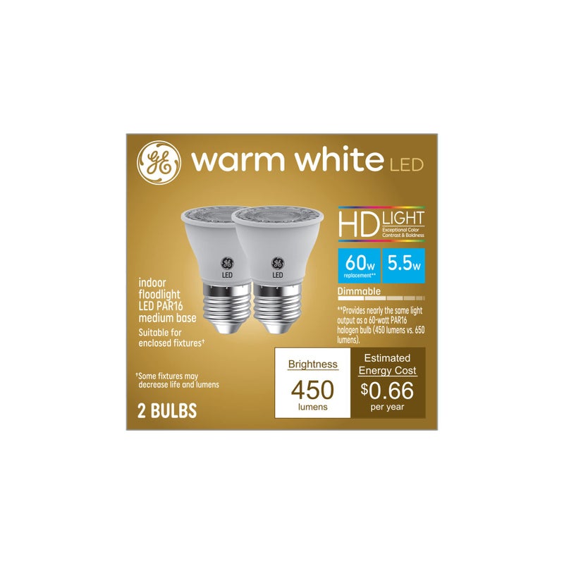 مصباح LED GE Lighting PAR16 للإضاءة الداخلية 60 واط بديل دافئ أبيض 2 عبوة