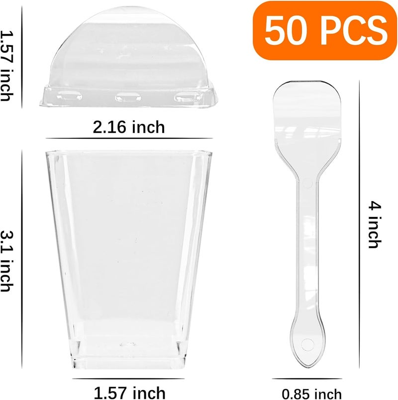 YunKo 50 عبوة أكواب حلوى بلاستيكية مربعة شفافة سعة 5 أونص مع أغطية وملاعق، أكواب بارفيه صغيرة لزبادي، جيلو، موس، ووجبات خفيفة، أكواب للحلويات مع غطاء - Image 4