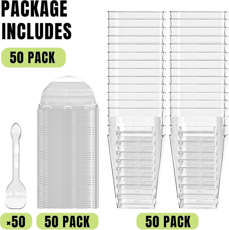 YunKo 50 عبوة أكواب حلوى بلاستيكية مربعة شفافة سعة 5 أونص مع أغطية وملاعق، أكواب بارفيه صغيرة لزبادي، جيلو، موس، ووجبات خفيفة، أكواب للحلويات مع غطاء - Image 2