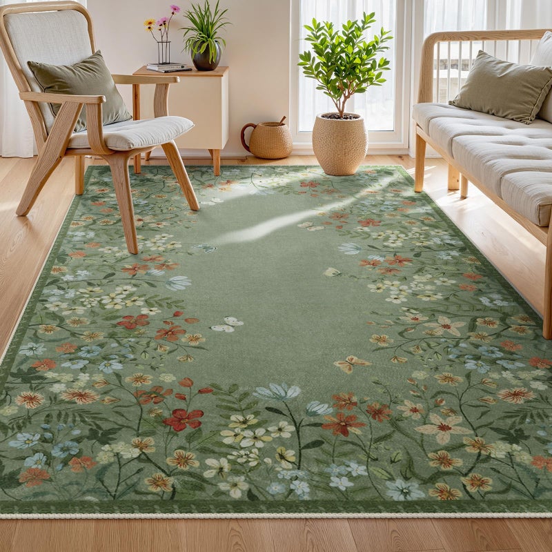 Wonnitar Washable 5x7 Area Rugs Green Floral Rugs for Bedroom NonShedding Living Room Throw Rug Botanical Dining Room Floor Carpet for Bedside Kids Girls Bedroom Green5x7