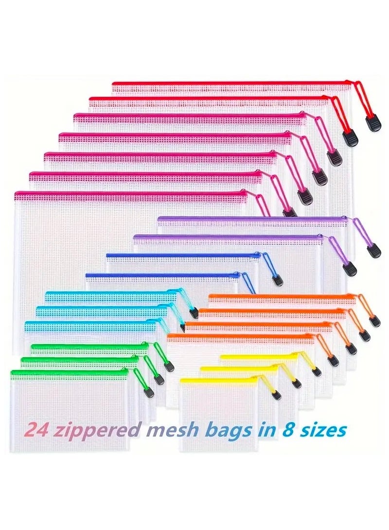 Generic 24pcs Mesh Zipper Pouch Document Bags, 8 Sizes Clear Multipurpose File Bags, Waterproof PVC Zipper Pouches, Colored Travel Zipper Bags, School, Office, Home For Organizing  - Image 1